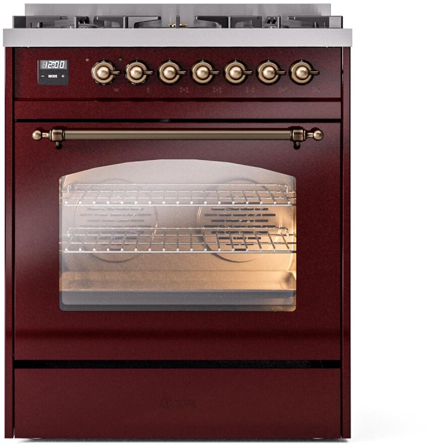 Ilve UP30NMPBUBLP Nostalgie Ii 30 Inch Dual Fuel Liquid Propane Freestanding Range In Burgundy With Bronze Trim