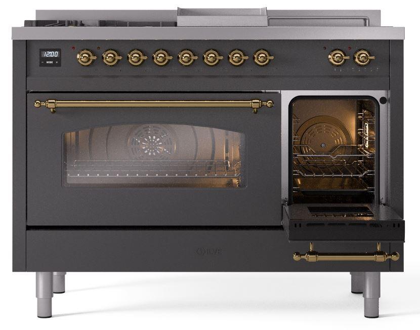 Ilve UP48FSNMPMGG Nostalgie Ii 48 Inch Dual Fuel Natural Gas Freestanding Range In Matte Graphite With Brass Trim