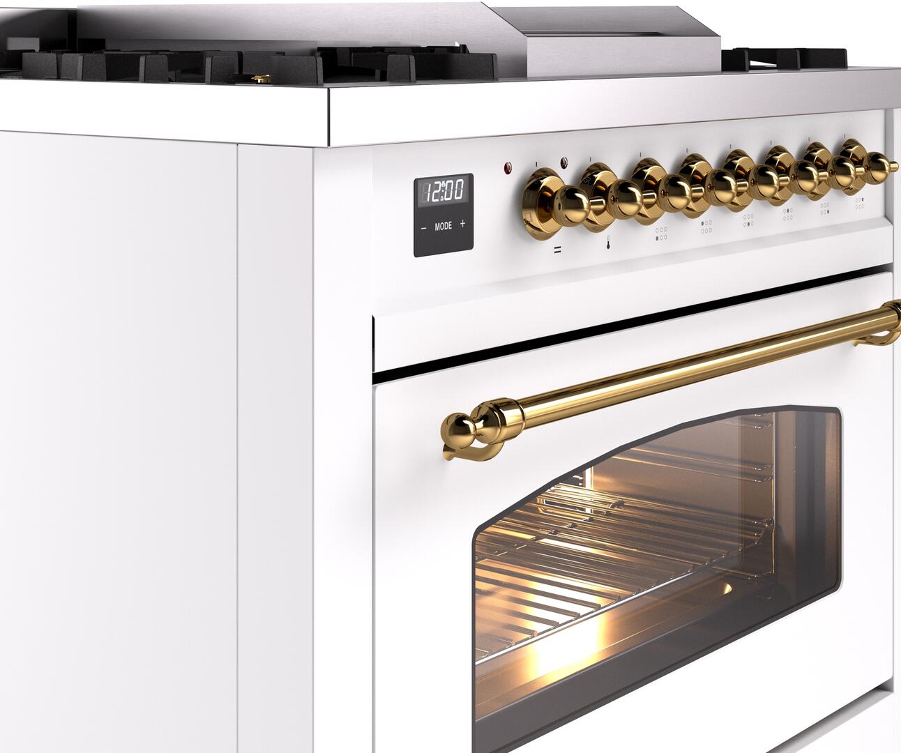 Ilve UP36FNMPWHGLP Nostalgie Ii 36 Inch Dual Fuel Liquid Propane Freestanding Range In White With Brass Trim