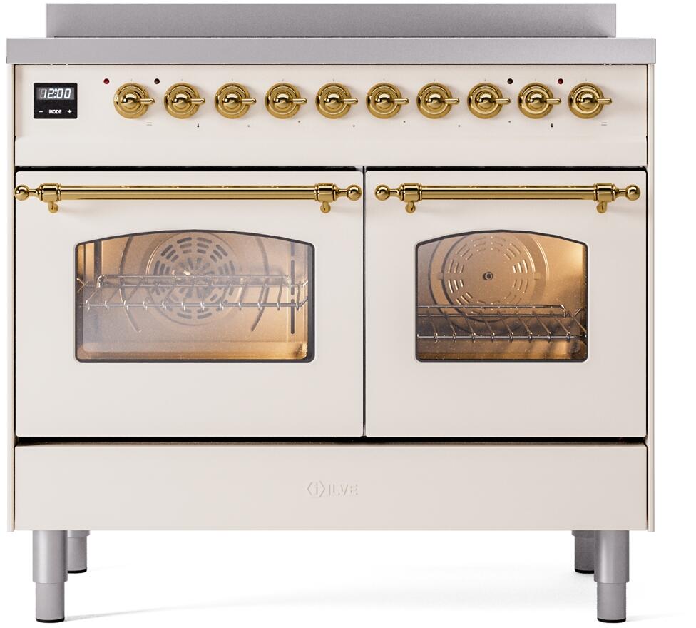 Ilve UPDI406NMPAWG Nostalgie Ii 40 Inch Electric Freestanding Range In Antique White With Brass Trim