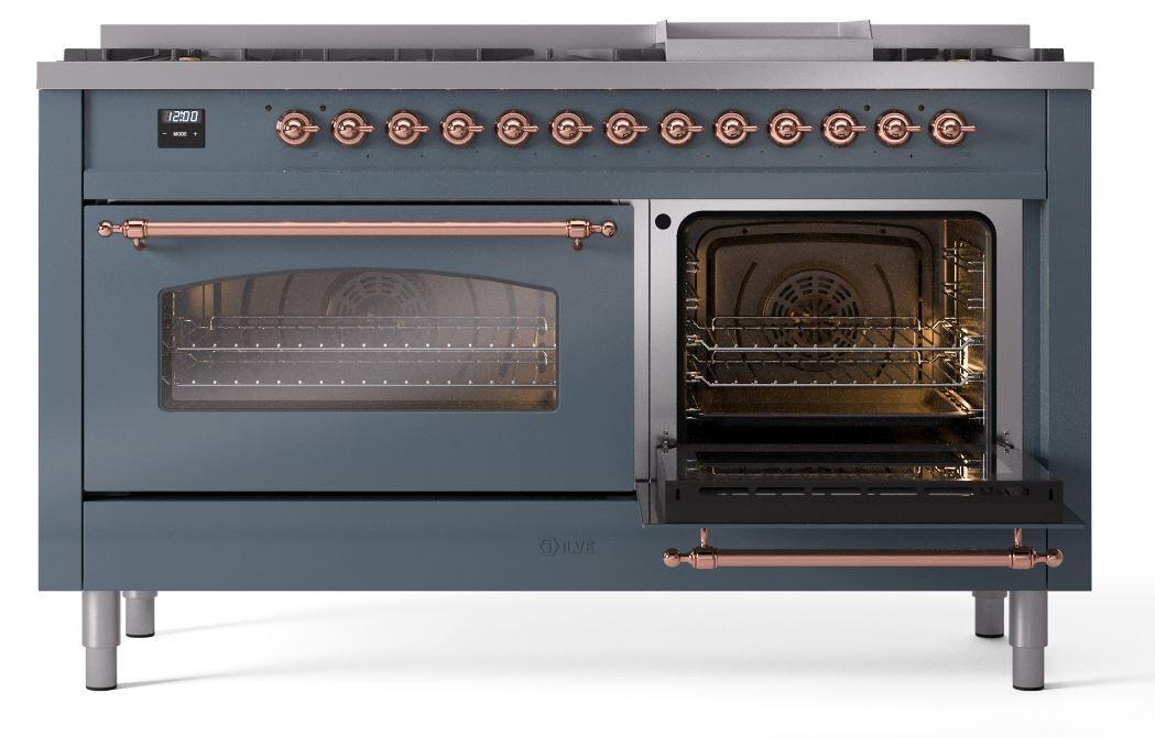 Ilve UP60FNMPBGP Nostalgie Ii 60 Inch Dual Fuel Natural Gas Freestanding Range In Blue Grey With Copper Trim