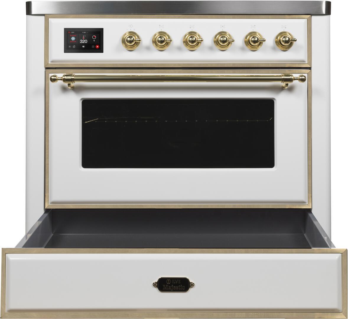 Ilve UMI09NS3WHG Majestic Ii 36 Inch Electric Freestanding Range In White With Brass Trim