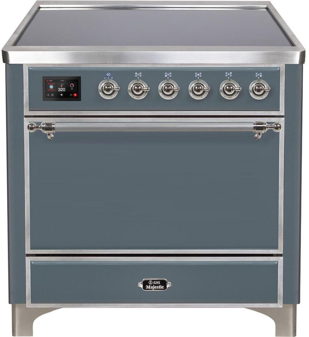 Ilve UMI09QNS3BGC Majestic Ii 36 Inch Electric Freestanding Range In Blue Grey With Chrome Trim