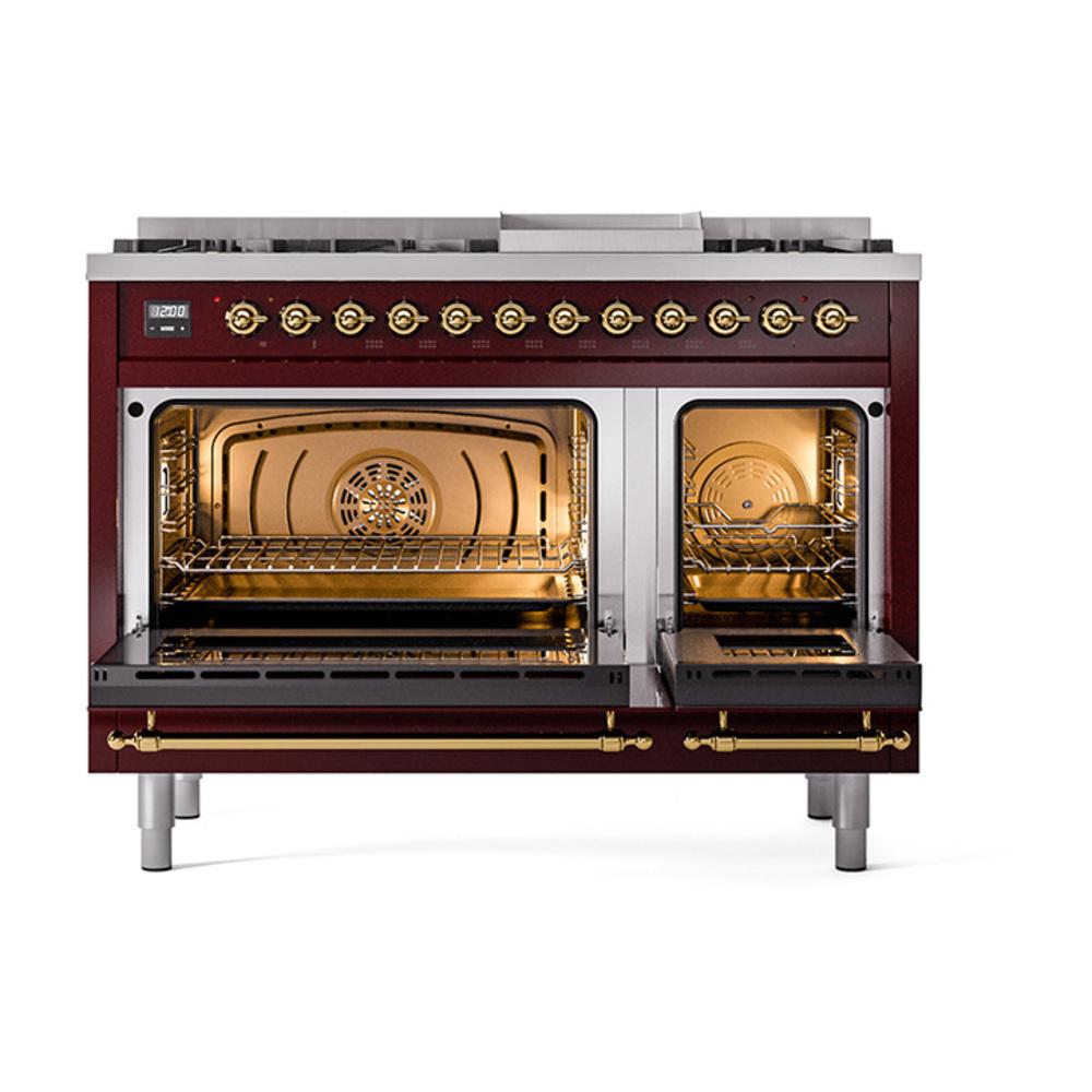 Ilve UN48FNMPBUG Ilve Un48Fnmpbug Nostalgie Ii Noblesse 48" Dual Fuel Range (8 Sealed Burners + Griddle, Natural Gas, Triple Glass Door, Burgundy, Brass)