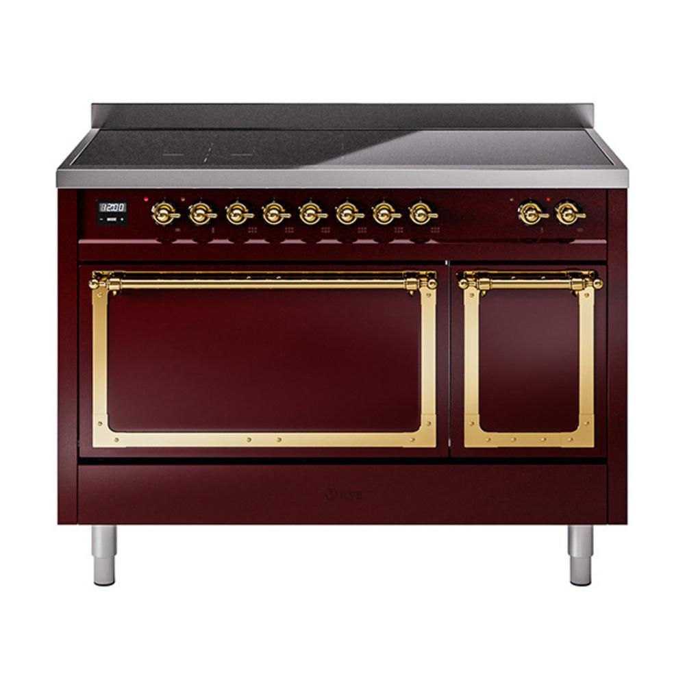 Ilve UNI486QNMPBUG Ilve Uni486Qnmpbug Nostalgie Ii Noblesse 48" Induction Range (Solid Door, Burgundy, Brass)