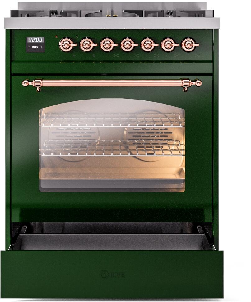 Ilve UP30NMPEGP Nostalgie Ii 30 Inch Dual Fuel Natural Gas Freestanding Range In Emerald Green With Copper Trim