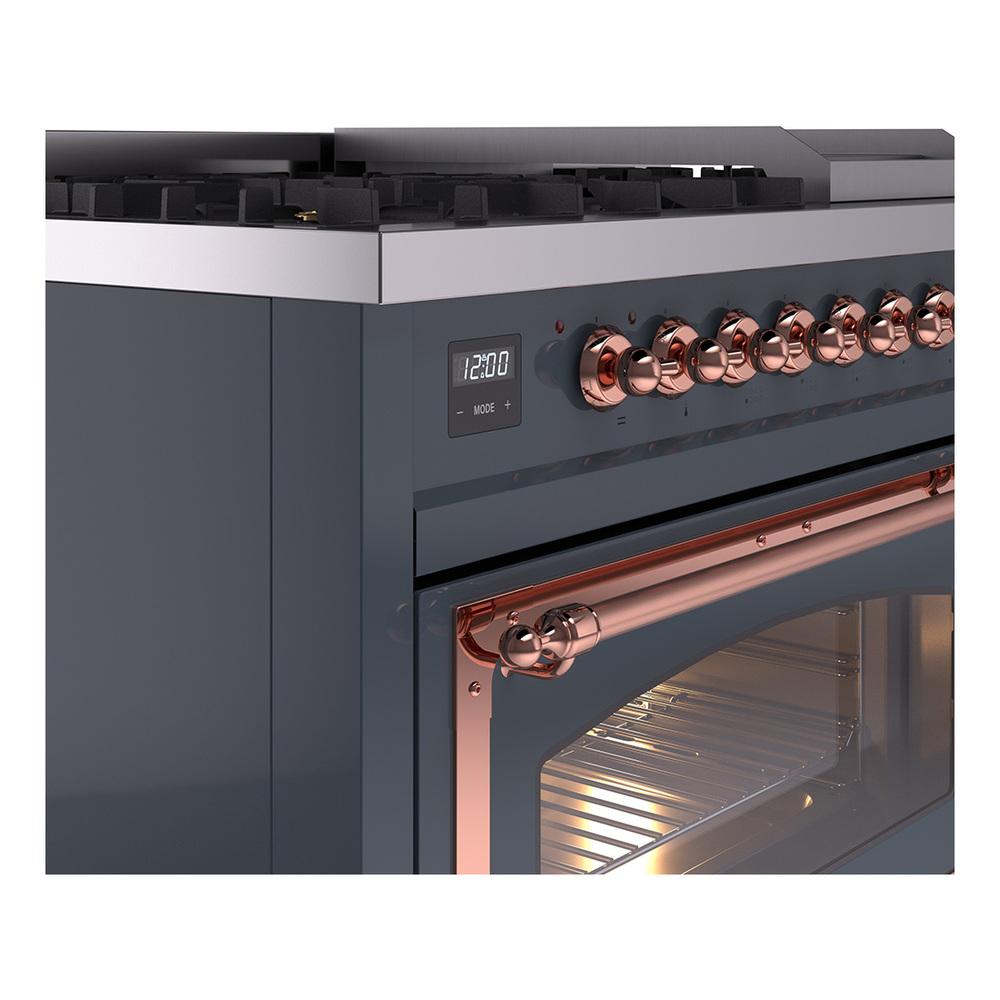 Ilve UN48FNMPBGPLP Ilve Un48Fnmpbgplp Nostalgie Ii Noblesse 48" Dual Fuel Range (8 Sealed Burners + Griddle, Liquid Propane, Triple Glass Door, Blue Grey, Copper)