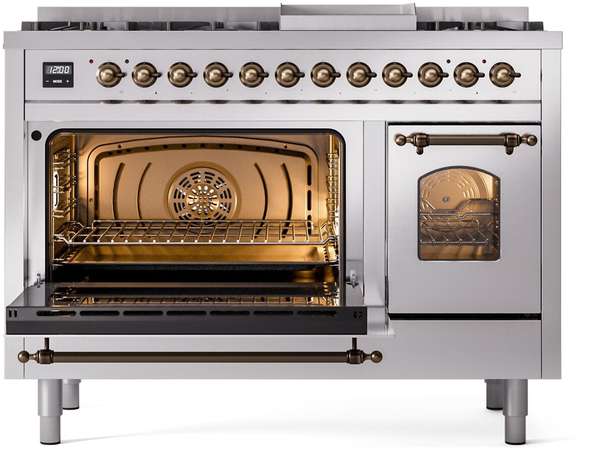 Ilve UP48FNMPSSB Nostalgie Ii 48 Inch Dual Fuel Natural Gas Freestanding Range In Stainless Steel With Bronze Trim