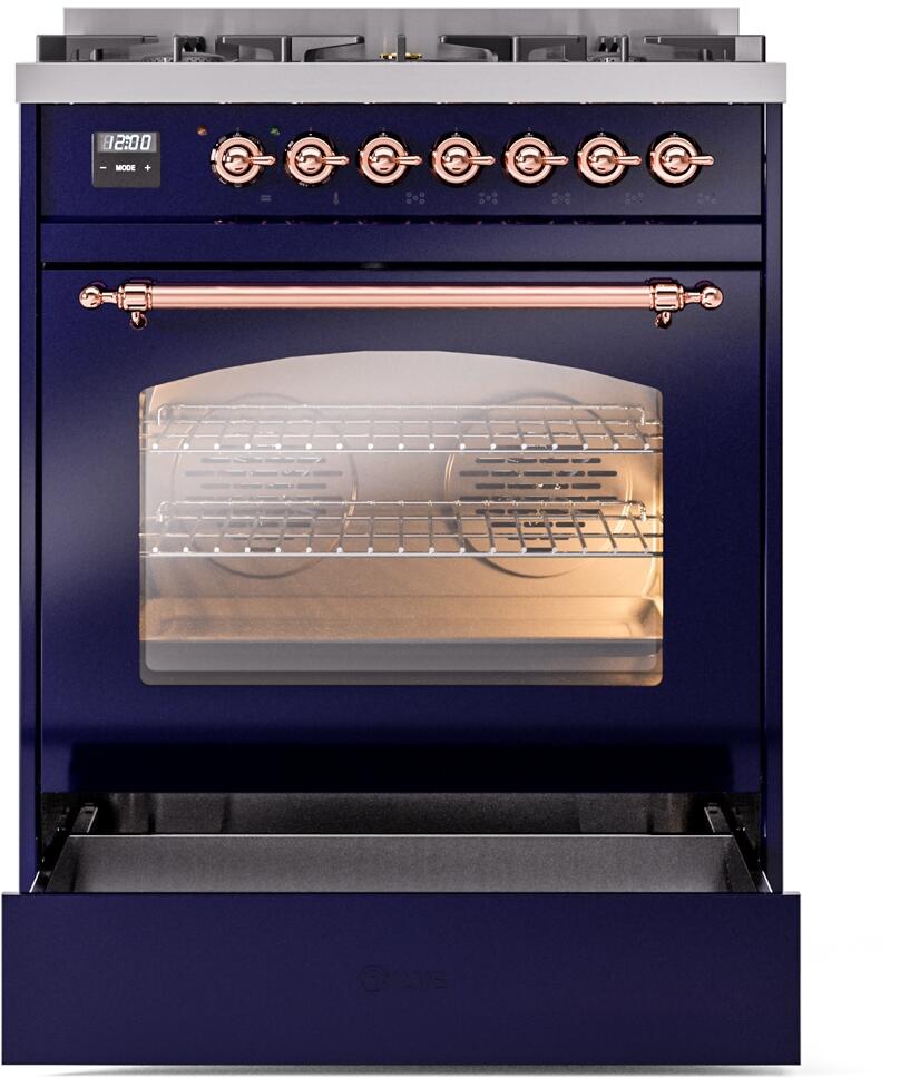 Ilve UP30NMPMBPLP Nostalgie Ii 30 Inch Dual Fuel Liquid Propane Freestanding Range In Blue With Copper Trim