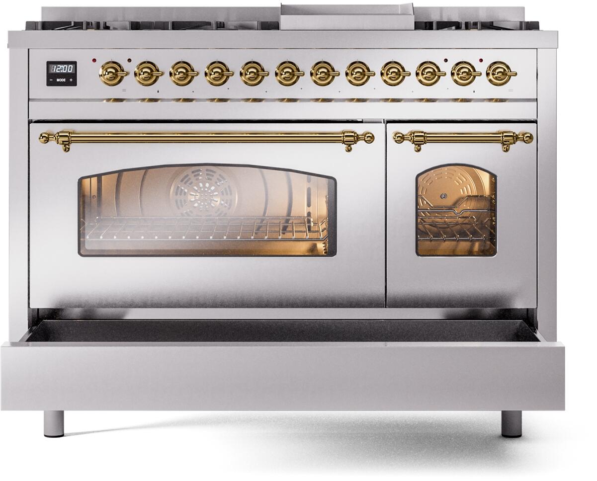 Ilve UP48FNMPSSGLP Nostalgie Ii 48 Inch Dual Fuel Liquid Propane Freestanding Range In Stainless Steel With Brass Trim