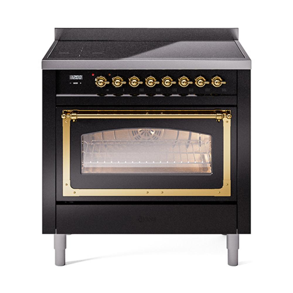 Ilve UNI366NMPBKG Ilve Uni366Nmpbkg Nostalgie Ii Noblesse 36" Induction Range (Triple Glass Door, Glossy Black, Brass)