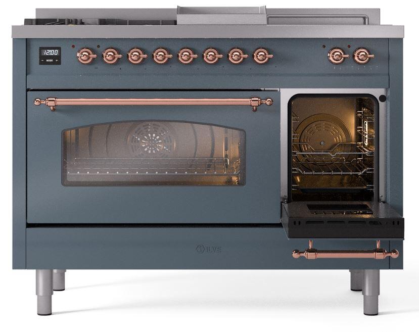 Ilve UP48FSNMPBGPLP Nostalgie Ii 48 Inch Dual Fuel Liquid Propane Freestanding Range In Blue Grey With Copper Trim