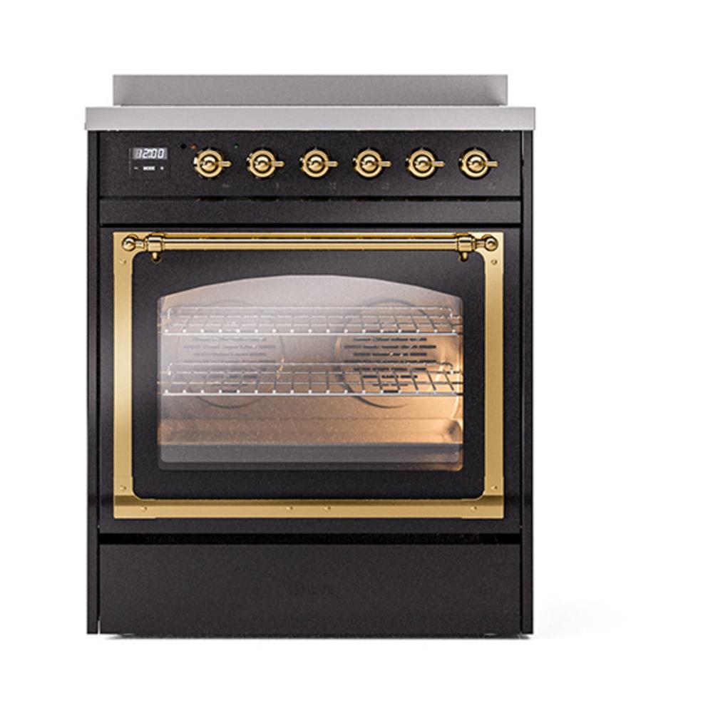 Ilve UNI304NMPBKG Ilve Uni304Nmpbkg Nostalgie Ii Noblesse 30" Induction Range (Triple Glass Door, Glossy Black, Brass)