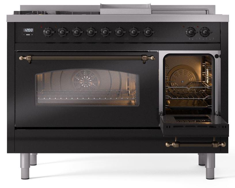 Ilve UP48FSNMPBKBLP Nostalgie Ii 48 Inch Dual Fuel Liquid Propane Freestanding Range In Glossy Black With Bronze Trim