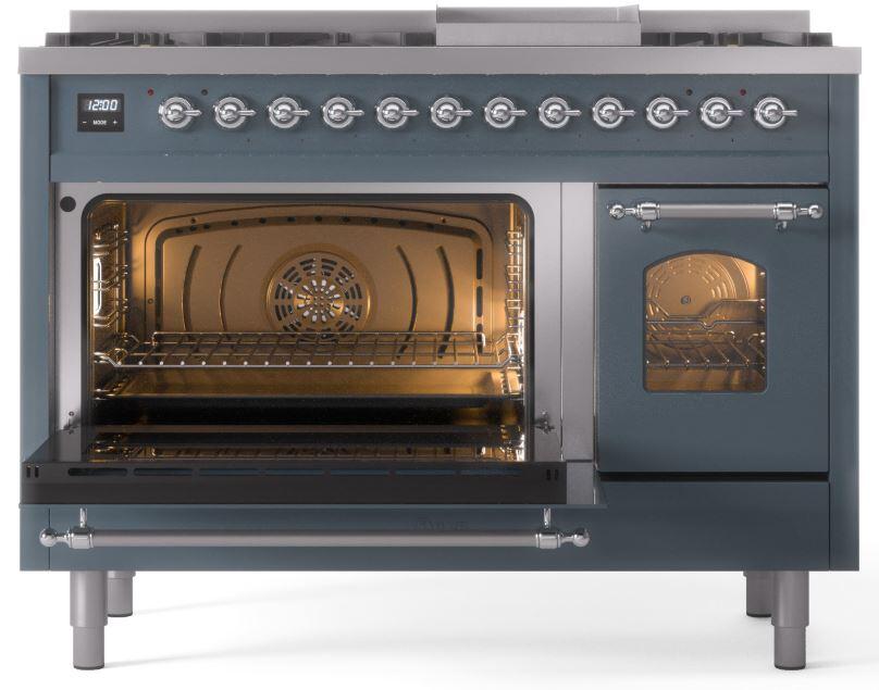 Ilve UP48FNMPBGCLP Nostalgie Ii 48 Inch Dual Fuel Liquid Propane Freestanding Range In Blue Grey With Chrome Trim