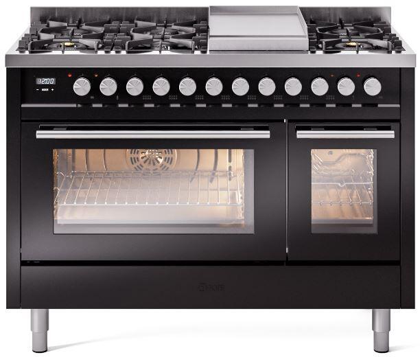 Ilve UP48FWMPBKLP Professional Plus Ii 48 Inch Dual Fuel Liquid Propane Freestanding Range In Glossy Black With Trim