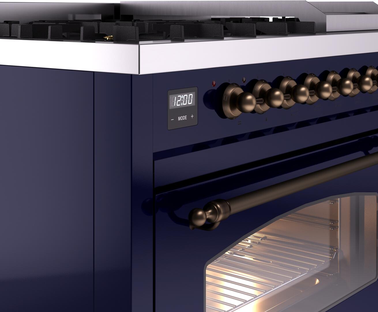 Ilve UP48FNMPMBB Nostalgie Ii 48 Inch Dual Fuel Natural Gas Freestanding Range In Blue With Bronze Trim