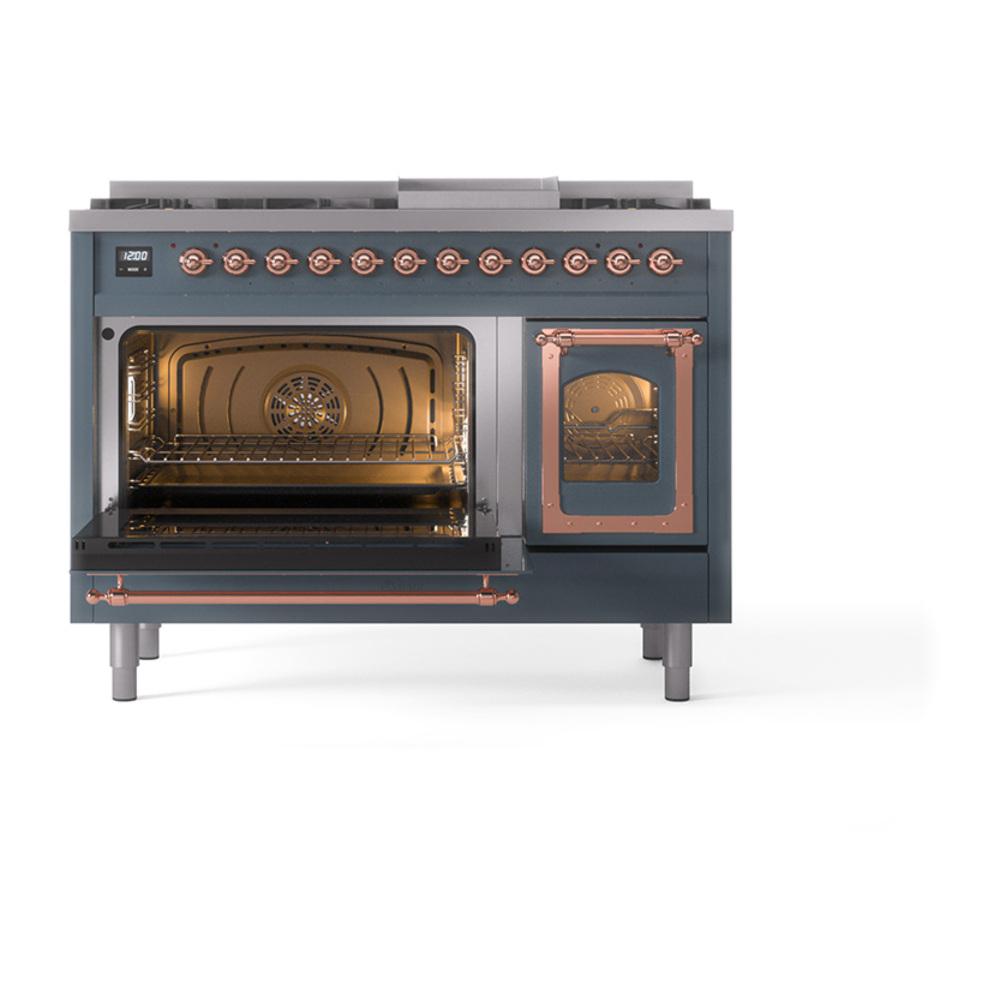 Ilve UN48FNMPBGPLP Ilve Un48Fnmpbgplp Nostalgie Ii Noblesse 48" Dual Fuel Range (8 Sealed Burners + Griddle, Liquid Propane, Triple Glass Door, Blue Grey, Copper)