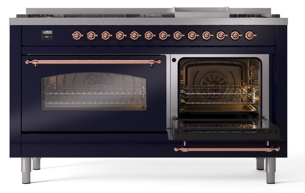 Ilve UP60FNMPMBPLP Nostalgie Ii 60 Inch Dual Fuel Liquid Propane Freestanding Range In Blue With Copper Trim