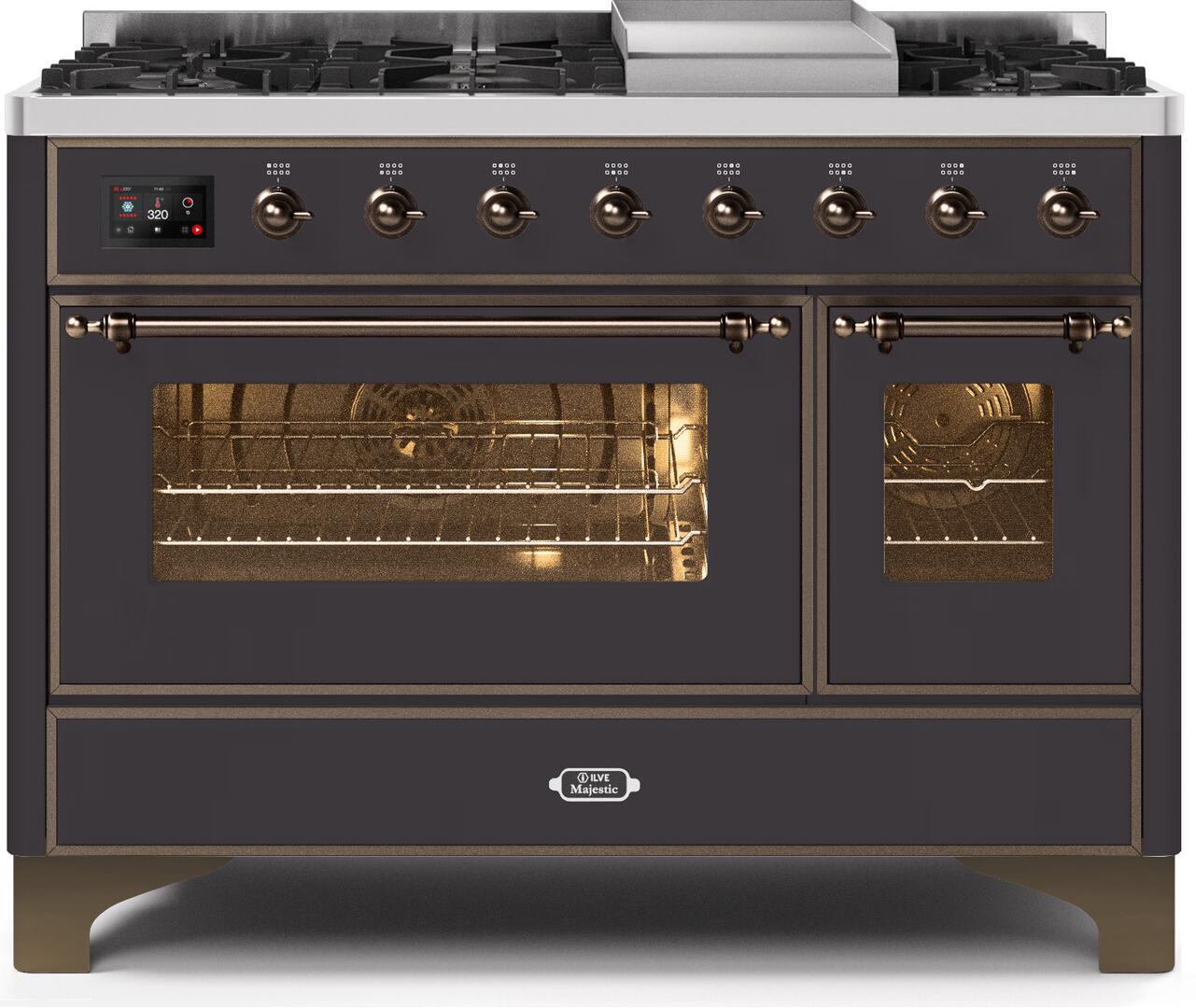 Ilve UM12FDNS3MGBLP Majestic Ii 48 Inch Dual Fuel Liquid Propane Freestanding Range In Matte Graphite With Bronze Trim