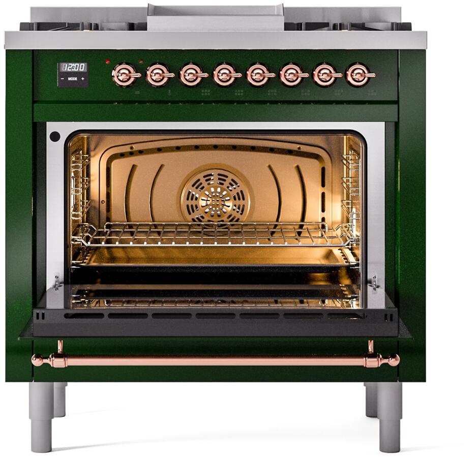 Ilve UP36FNMPEGPLP Nostalgie Ii 36 Inch Dual Fuel Liquid Propane Freestanding Range In Emerald Green With Copper Trim