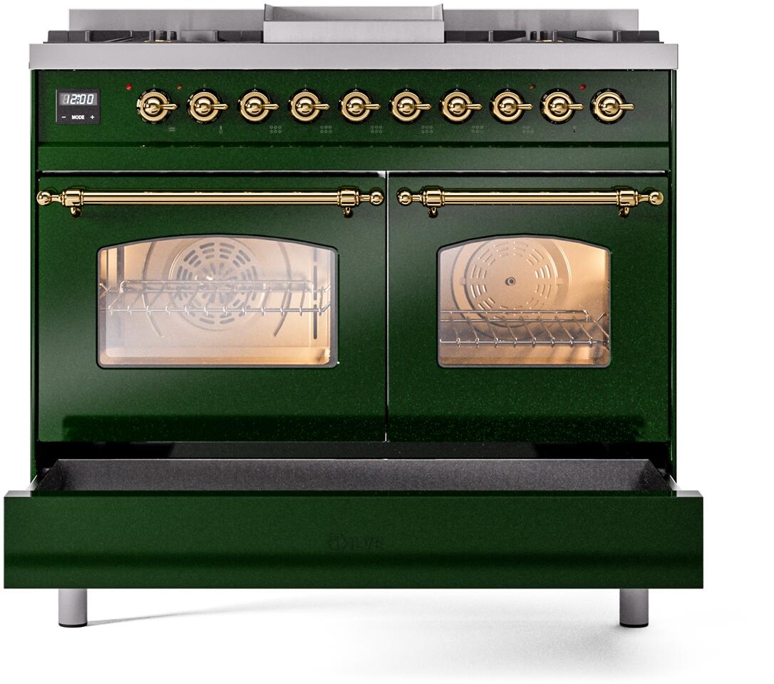 Ilve UPD40FNMPEGGLP Nostalgie Ii 40 Inch Dual Fuel Liquid Propane Freestanding Range In Emerald Green With Brass Trim