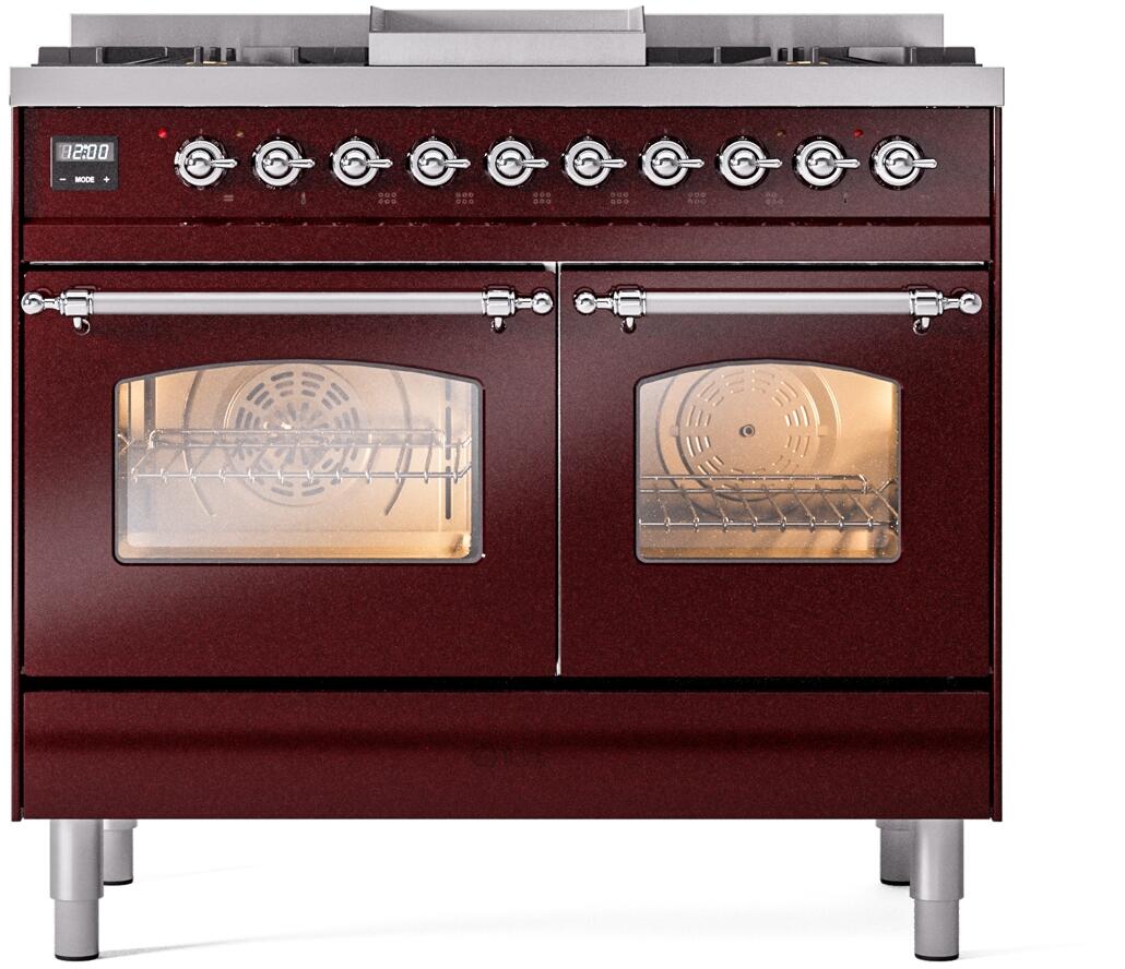 Ilve UPD40FNMPBUC Nostalgie Ii 40 Inch Dual Fuel Natural Gas Freestanding Range In Burgundy With Chrome Trim