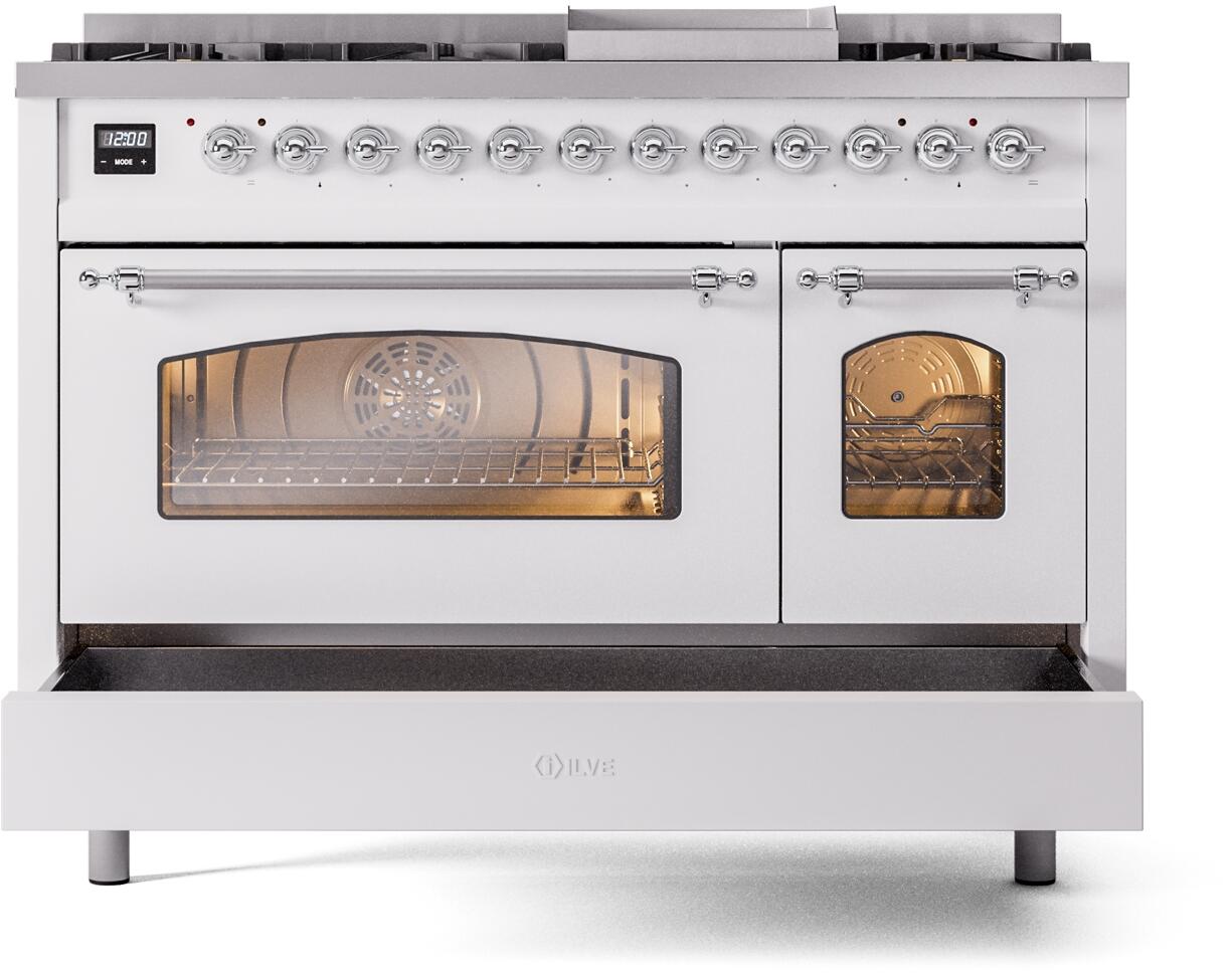 Ilve UP48FNMPWHC Nostalgie Ii 48 Inch Dual Fuel Natural Gas Freestanding Range In White With Chrome Trim