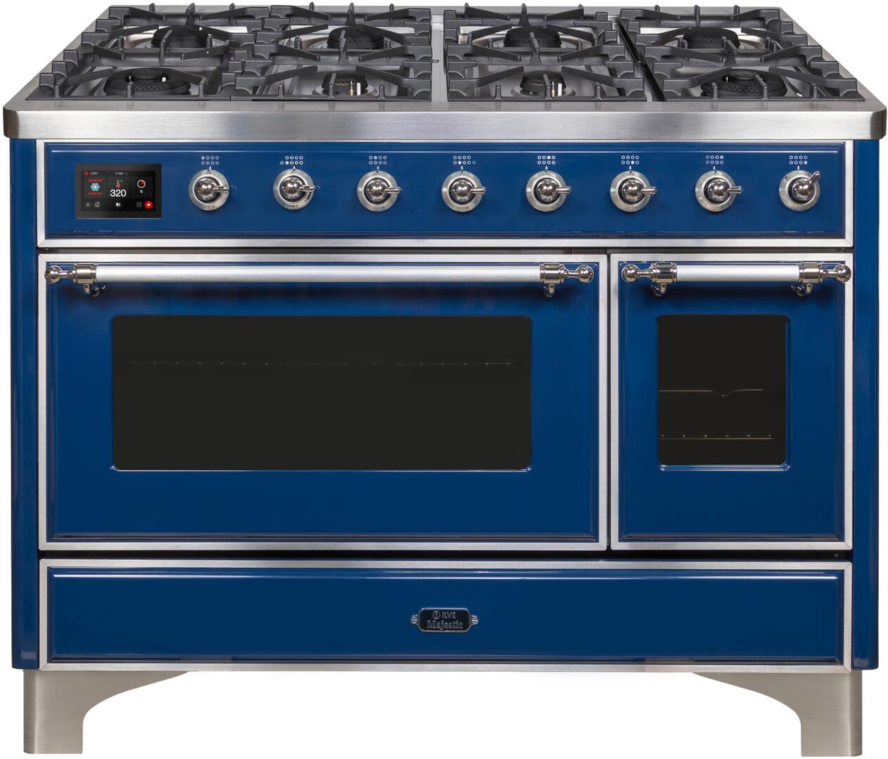 Ilve UM12FDNS3MBCLP Majestic Ii 48 Inch Dual Fuel Liquid Propane Freestanding Range In Blue With Chrome Trim