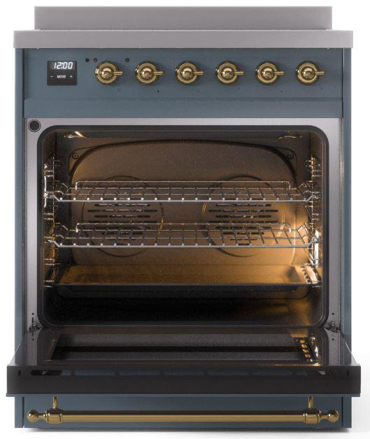 Ilve UPI304NMPBGG Nostalgie Ii 30 Inch Electric Freestanding Range In Blue Grey With Brass Trim