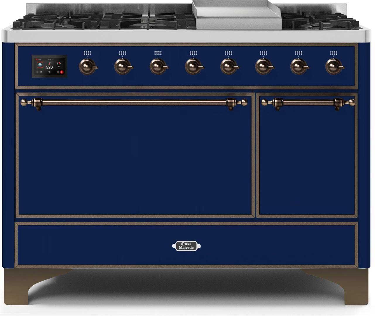 Ilve UM12FDQNS3MBB Majestic Ii 48 Inch Dual Fuel Natural Gas Freestanding Range In Blue With Bronze Trim