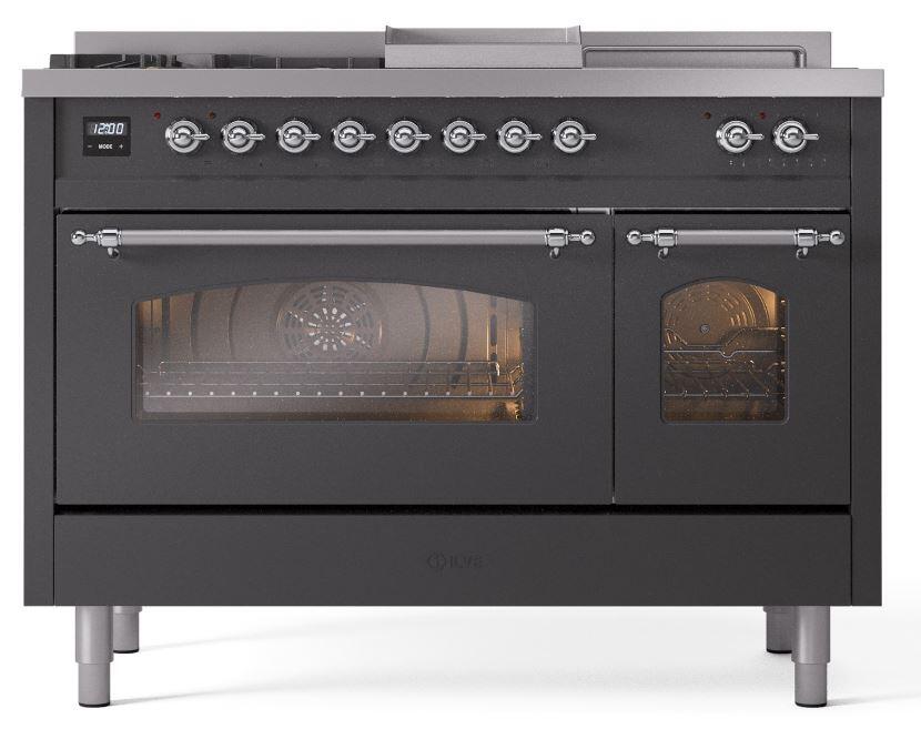 Ilve UP48FSNMPMGCLP Nostalgie Ii 48 Inch Dual Fuel Liquid Propane Freestanding Range In Matte Graphite With Chrome Trim