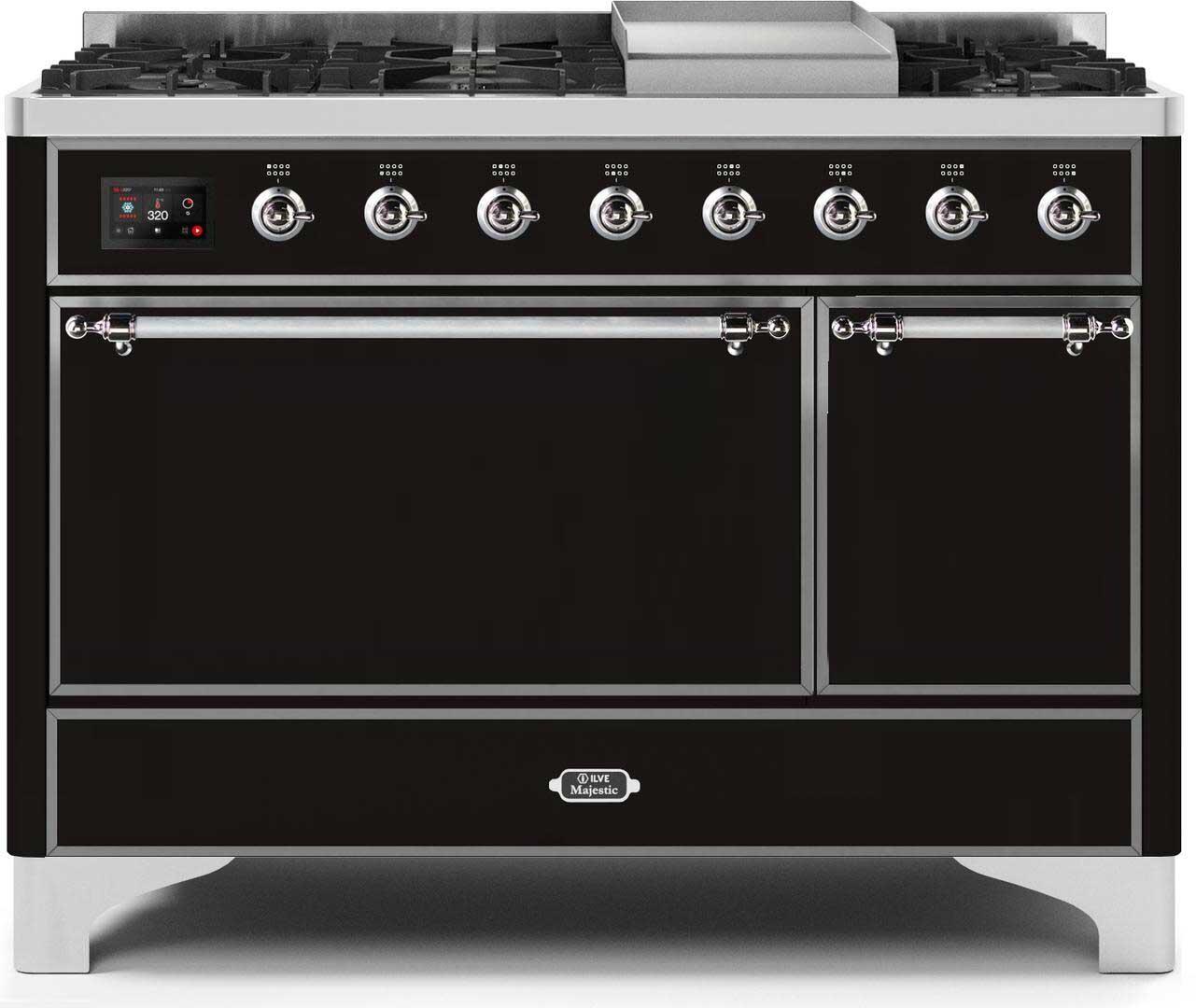 Ilve UM12FDQNS3BKCLP Majestic Ii 48 Inch Dual Fuel Liquid Propane Freestanding Range In Glossy Black With Chrome Trim