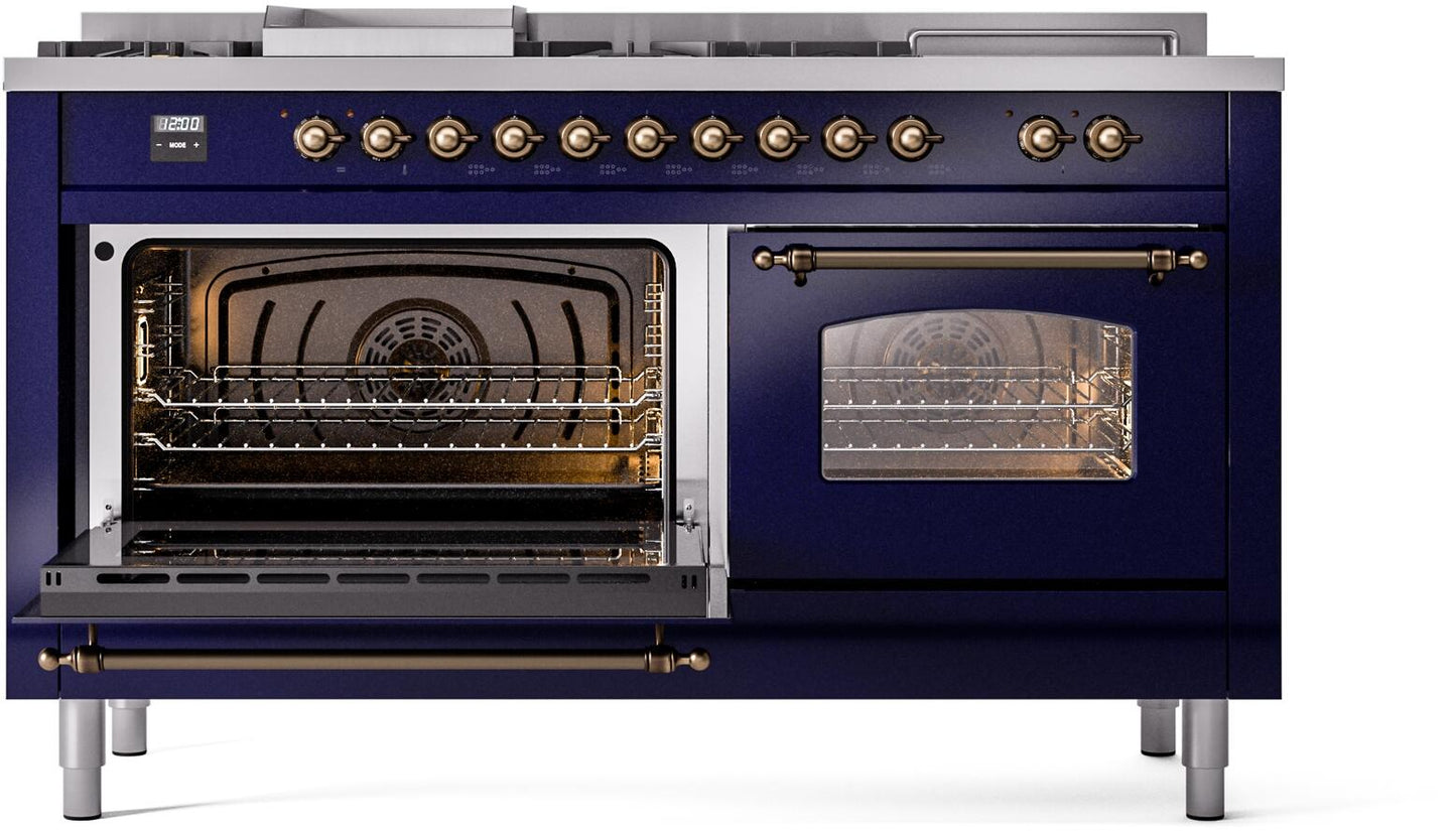 Ilve UP60FSNMPMBBLP Nostalgie Ii 60 Inch Dual Fuel Liquid Propane Freestanding Range In Blue With Bronze Trim