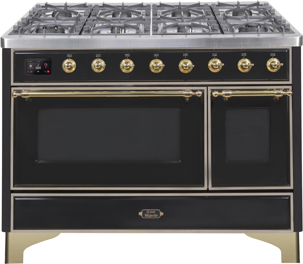 Ilve UM12FDNS3BKGLP Majestic Ii 48 Inch Dual Fuel Liquid Propane Freestanding Range In Glossy Black With Brass Trim