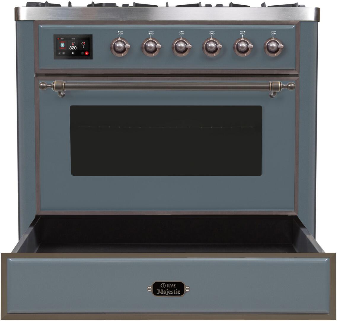 Ilve UM09FDNS3BGB Majestic Ii 36 Inch Dual Fuel Natural Gas Freestanding Range In Blue Grey With Bronze Trim