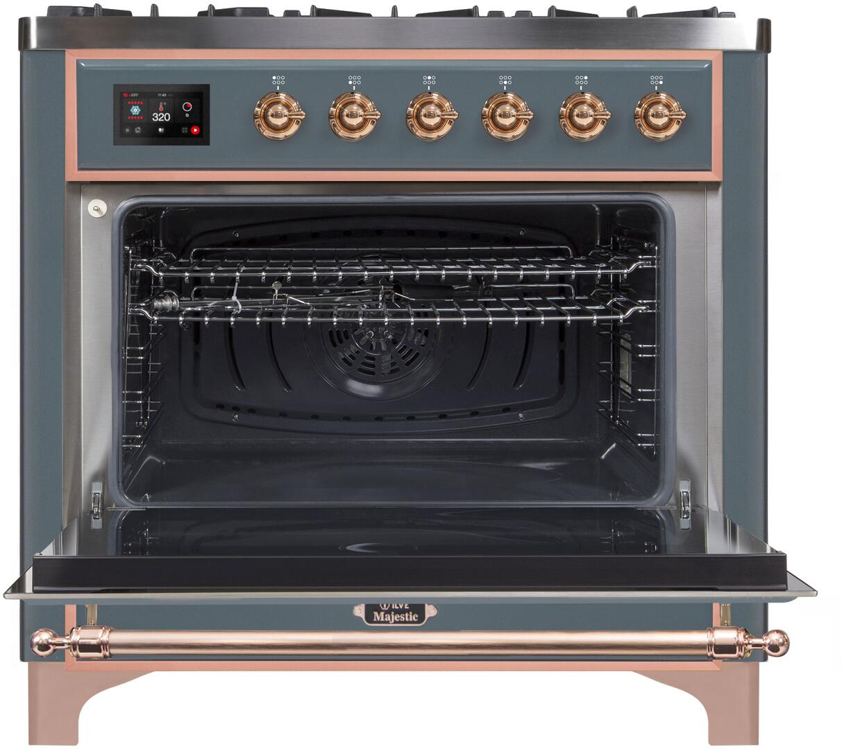 Ilve UM09FDNS3BGPLP Majestic Ii 36 Inch Dual Fuel Liquid Propane Freestanding Range In Blue Grey With Copper Trim