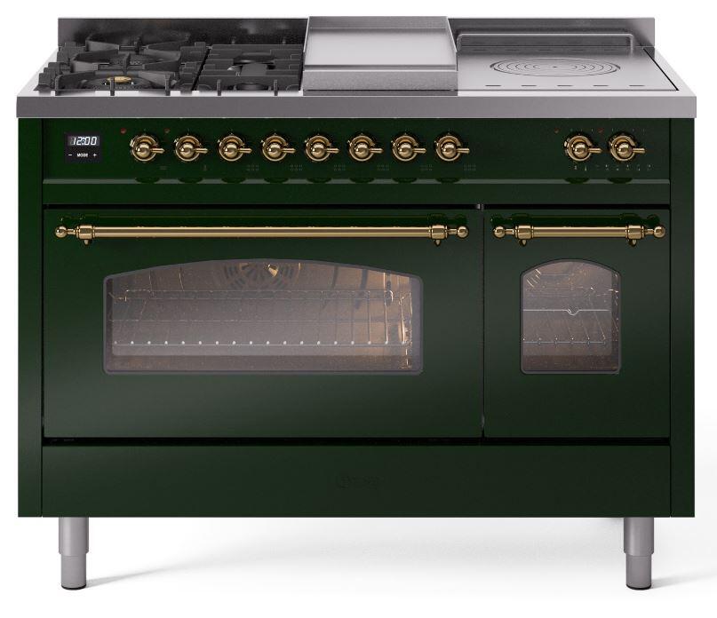 Ilve UP48FSNMPEGGLP Nostalgie Ii 48 Inch Dual Fuel Liquid Propane Freestanding Range In Emerald Green With Brass Trim