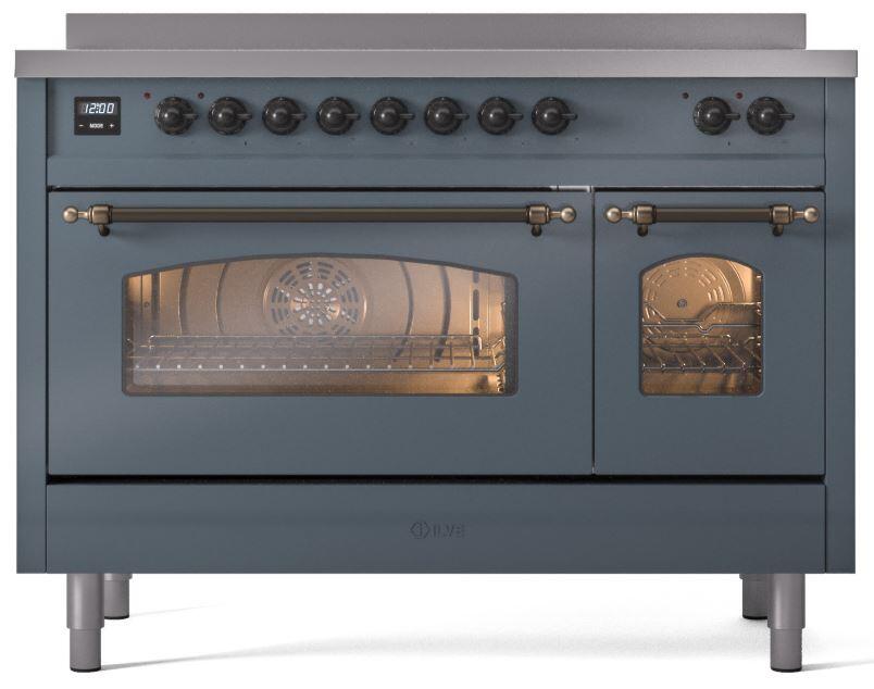 Ilve UPI486NMPBGB Nostalgie Ii 48 Inch Electric Freestanding Range In Blue Grey With Bronze Trim