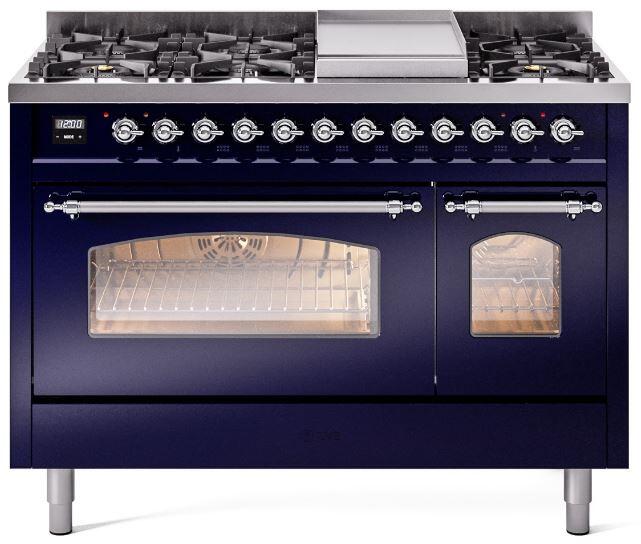 Ilve UP48FNMPMBCLP Nostalgie Ii 48 Inch Dual Fuel Liquid Propane Freestanding Range In Blue With Chrome Trim