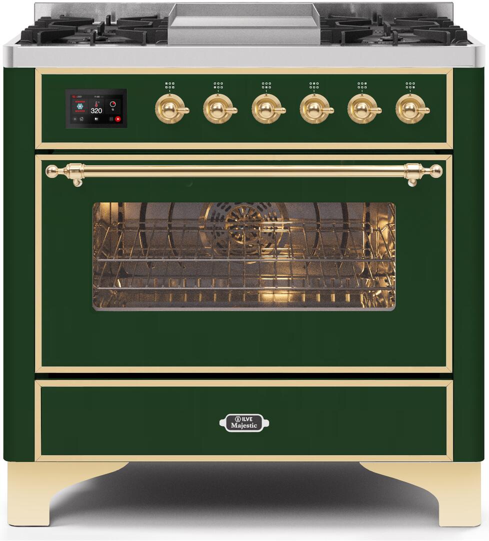 Ilve UM09FDNS3EGGLP Majestic Ii 36 Inch Dual Fuel Liquid Propane Freestanding Range In Emerald Green With Brass Trim