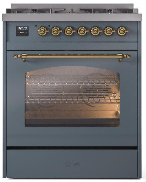 Ilve UP30NMPBGGLP Nostalgie Ii 30 Inch Dual Fuel Liquid Propane Freestanding Range In Blue Grey With Brass Trim