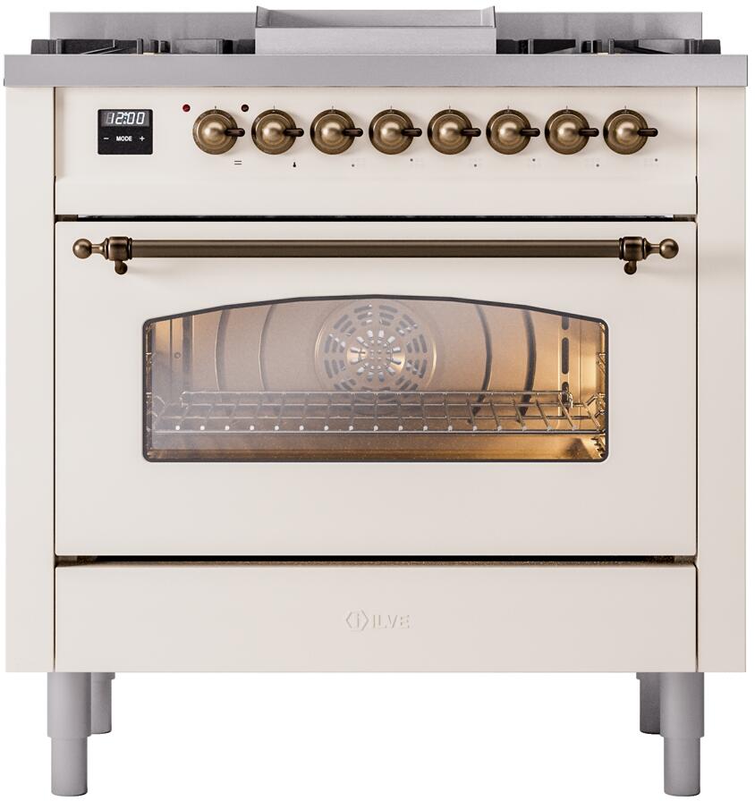 Ilve UP36FNMPAWB Nostalgie Ii 36 Inch Dual Fuel Natural Gas Freestanding Range In Antique White With Bronze Trim