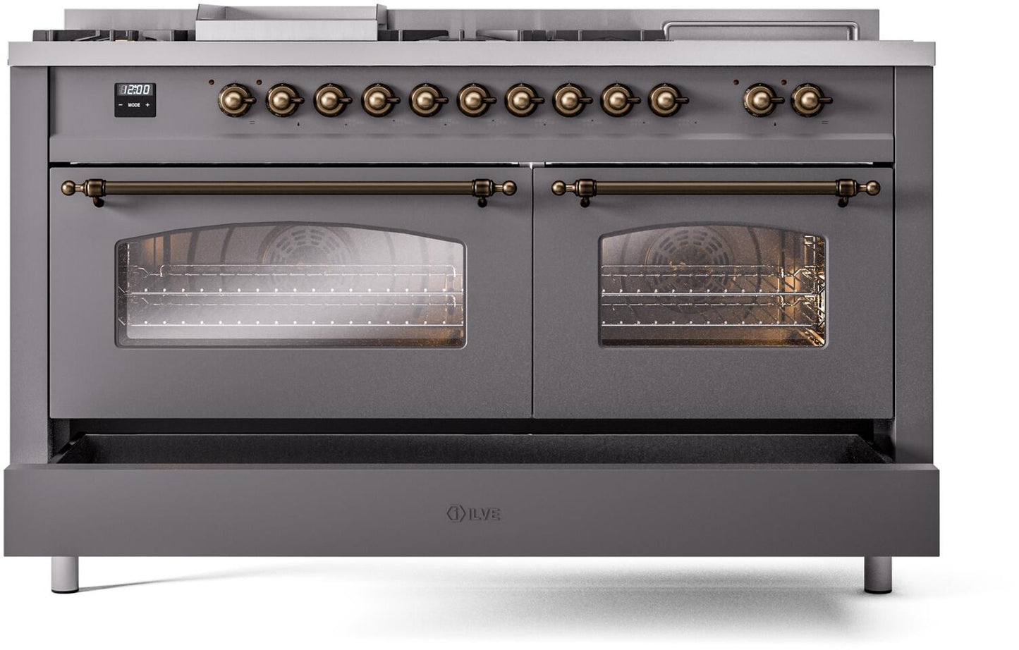 Ilve UP60FSNMPMGB Nostalgie Ii 60 Inch Dual Fuel Natural Gas Freestanding Range In Matte Graphite With Bronze Trim