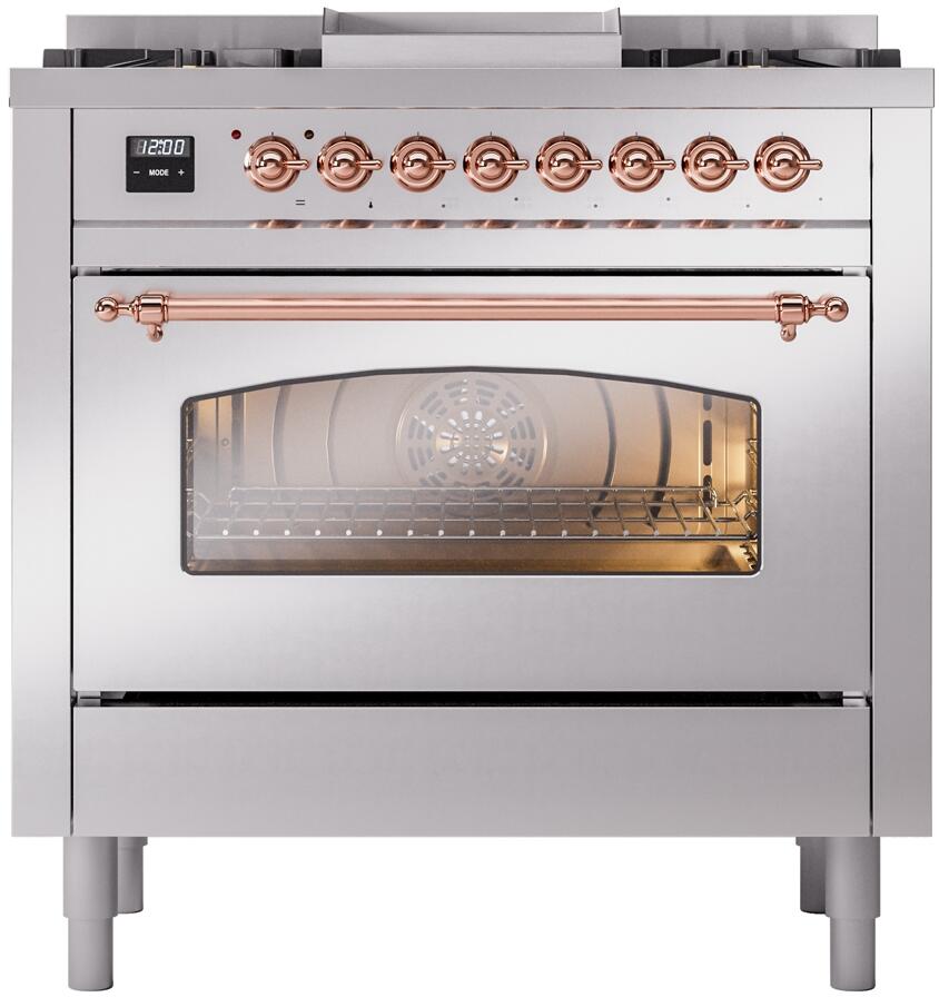 Ilve UP36FNMPSSPLP Nostalgie Ii 36 Inch Dual Fuel Liquid Propane Freestanding Range In Stainless Steel With Copper Trim