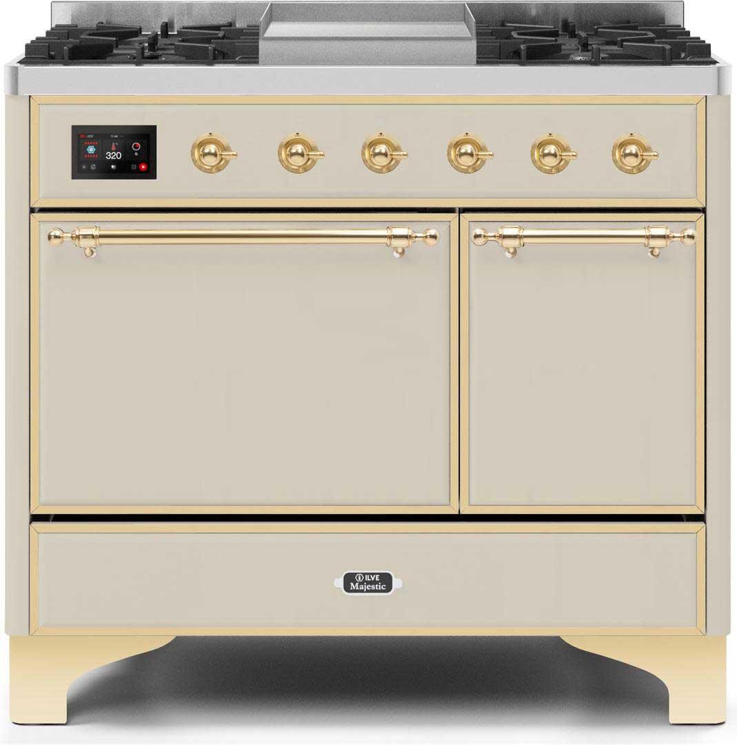 Ilve UMD10FDQNS3AWG Majestic Ii 40 Inch Dual Fuel Natural Gas Freestanding Range In Antique White With Brass Trim