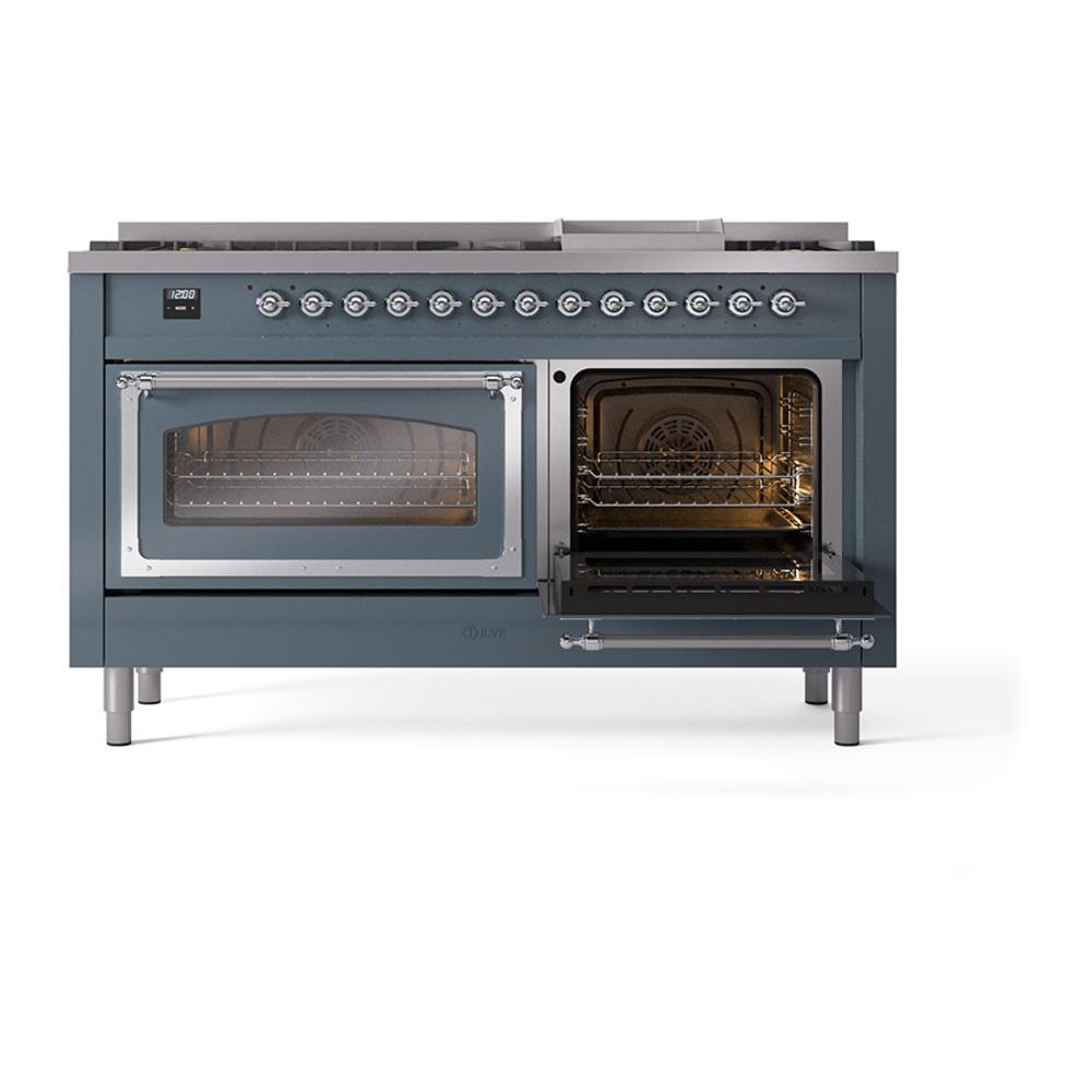 Ilve UN60FNMPBGC Ilve Un60Fnmpbgc Nostalgie Ii Noblesse 60" Dual Fuel Range (9 Sealed Burners + Griddle, Natural Gas, Triple Glass Door, Blue Grey, Chrome)