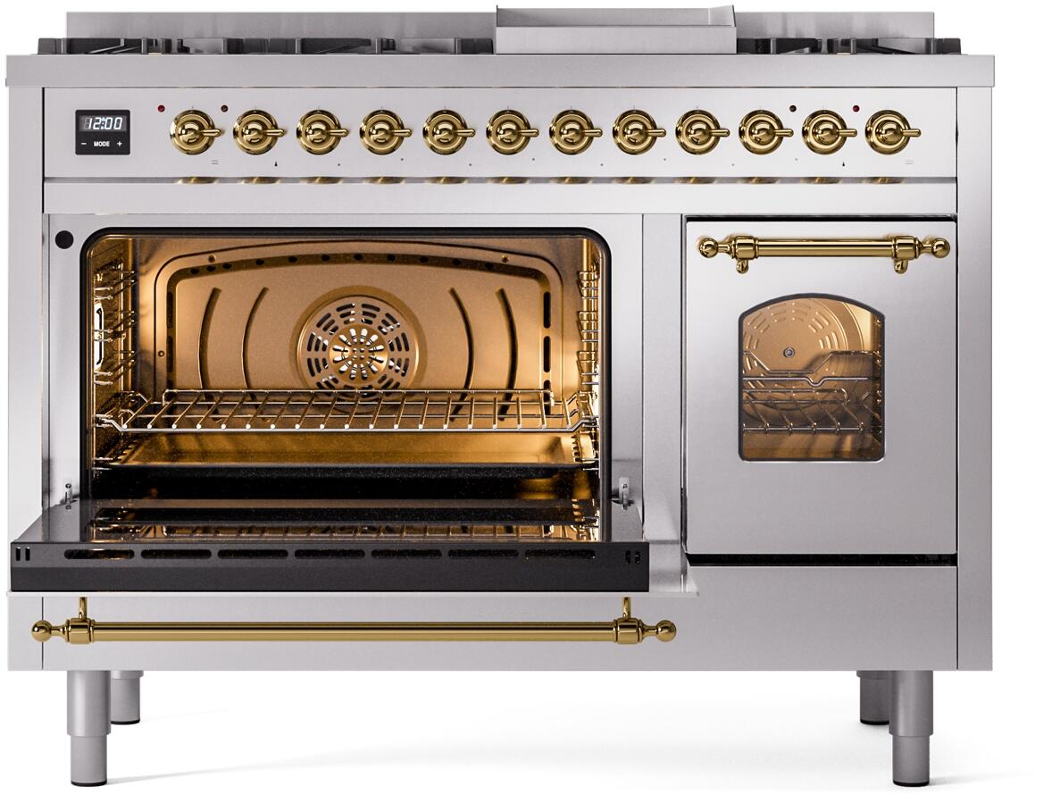 Ilve UP48FNMPSSG Nostalgie Ii 48 Inch Dual Fuel Natural Gas Freestanding Range In Stainless Steel With Brass Trim