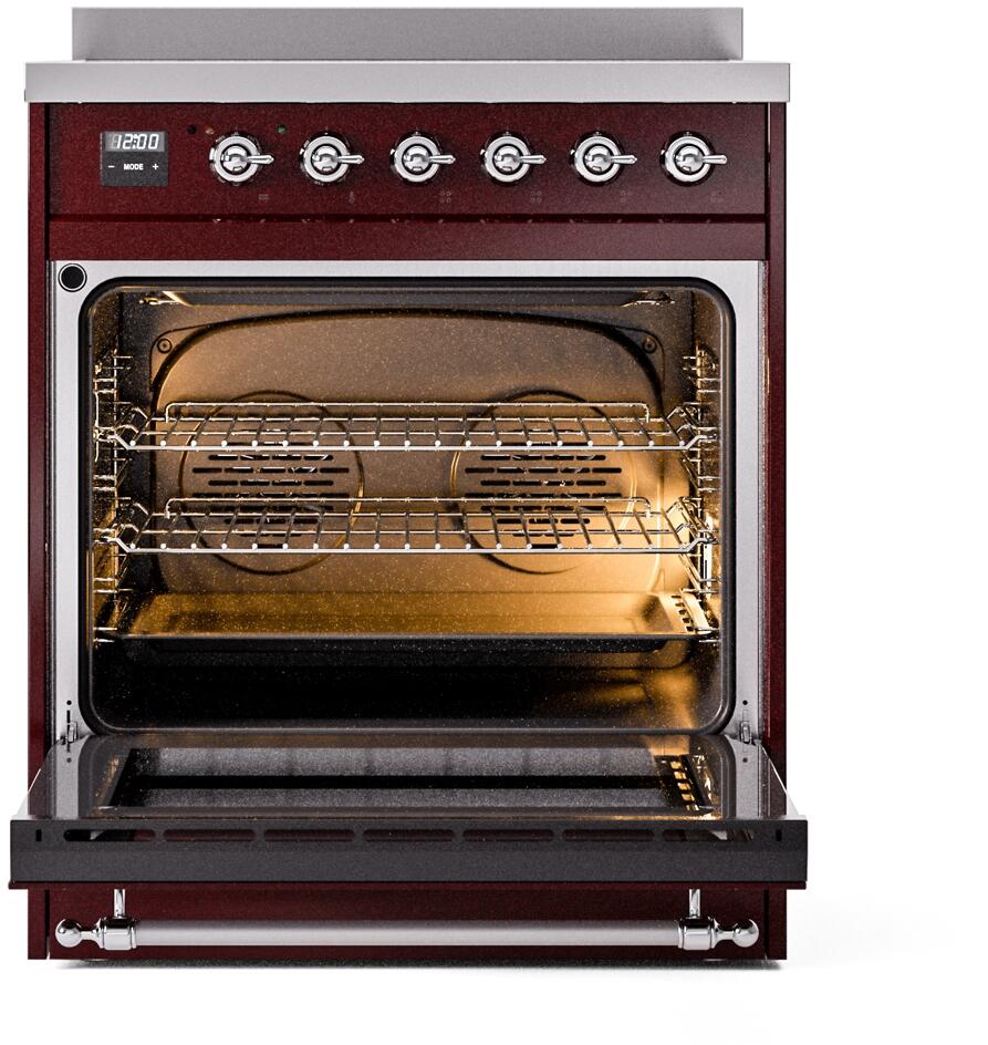 Ilve UPI304NMPBUC Nostalgie Ii 30 Inch Electric Freestanding Range In Burgundy With Chrome Trim