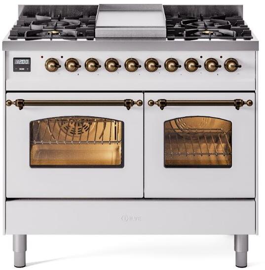 Ilve UPD40FNMPWHBLP Nostalgie Ii 40 Inch Dual Fuel Liquid Propane Freestanding Range In White With Bronze Trim